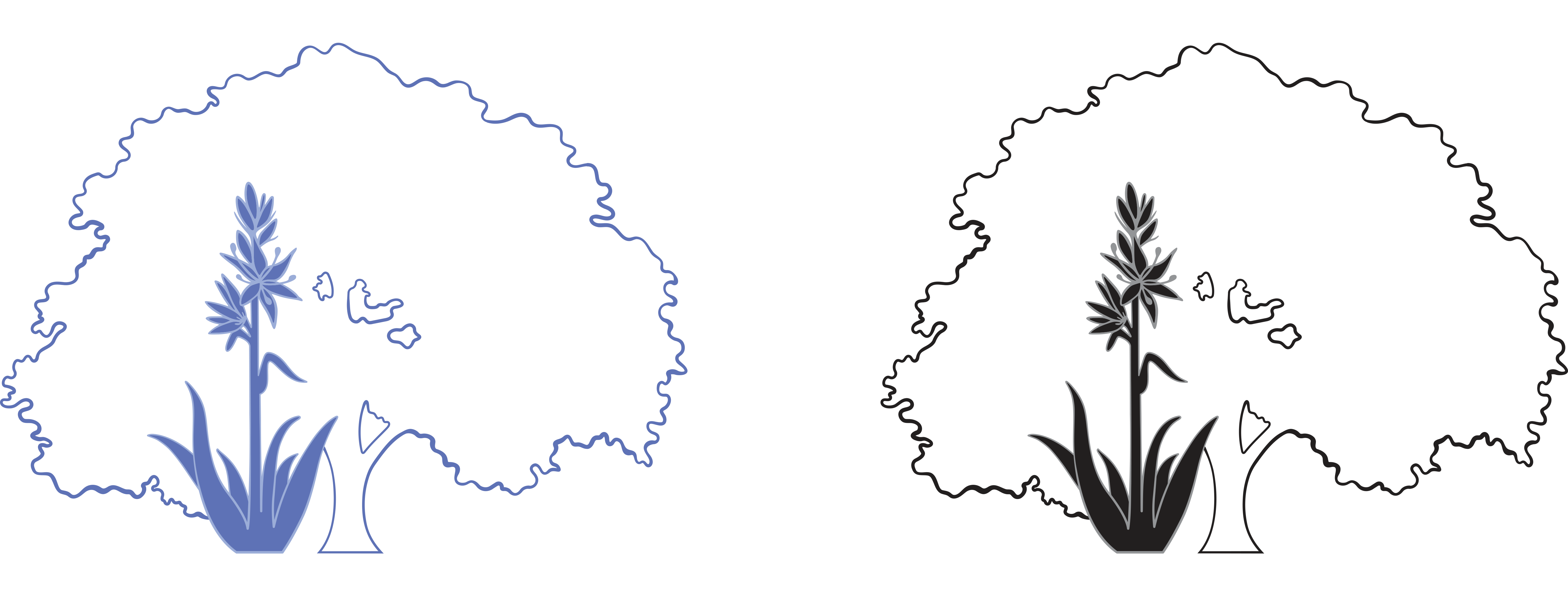 Graphics of an Oregon White Oak and Camas flower, one blue one black